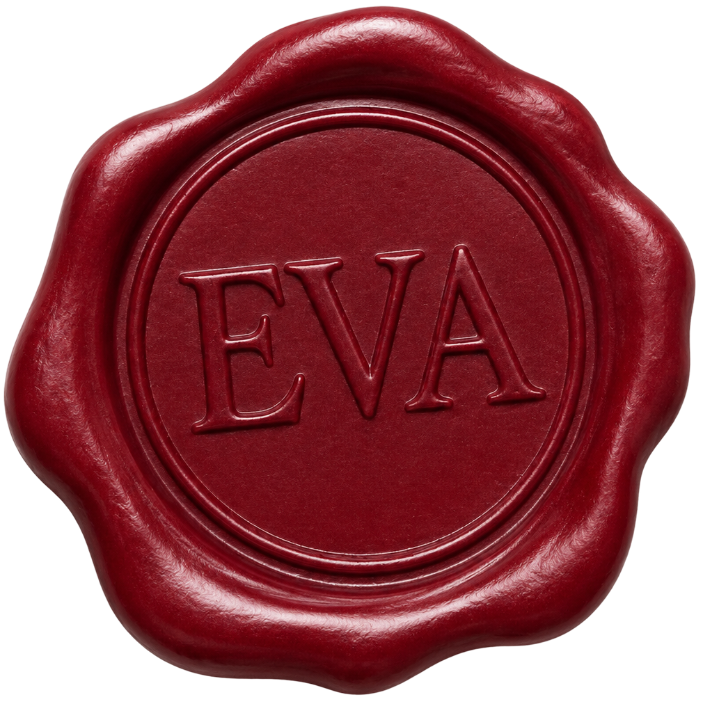 Red wax seal stamped with the letters EVA